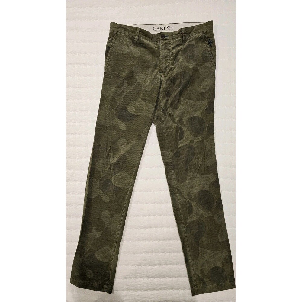Ganesh Mens Or Womens Green Camoflauge 100% Cotton Corduroy Pants Size 32 Slim